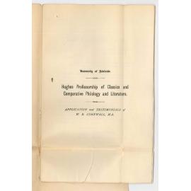 W E Cornwall MA - The University Melbourne - Application for Hughes Professorship of Classics