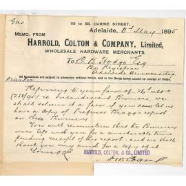 Harrold Colton and Company - Currie Street Adelaide - Asking for copy of Professor Braggs report on Incandescent Burners