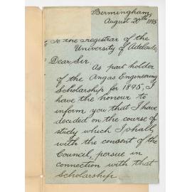 Lawrence Birks - Angas Scholar Birmingham - Arrangements re Scholarship