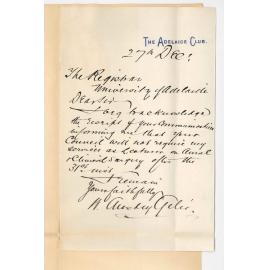 Dr William Anstey Giles - The Adelaide Club - Termination of lectureship