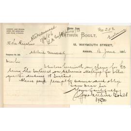 Arthur Boult - Waymouth Street Adelaide - Payment of Quarters Interest for Mr Odlum