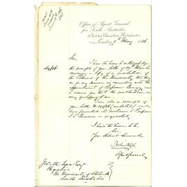 Arthur Blyth - Office of Agent General for South Australia - London - Thanks to Committee of Selection of Professor Mathematics