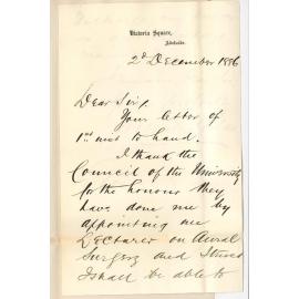 Dr William Anstey Giles - Victoria Square Adelaide - Thanking Council for Electing Him Lecturer on Aural Surgery in the Medical School