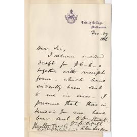 Dr Alexander Leeper - Trinity College Melbourne - Concerning Draft Sent in Error