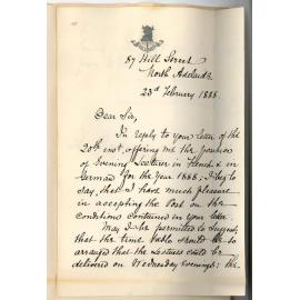 Arthur Constant Aucher - North Adelaide - Consenting to Act as Evening Lecturer on French and German