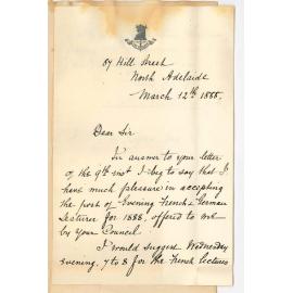 Arthur Constant Aucher - North Adelaide - Accepts Post of Evening Class Lecturer on French and German