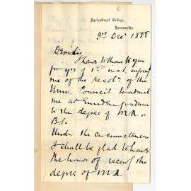 Professor William Lowrie - Agricultural College - Roseworthy - Concerning Gown to be Worn at Commemoration