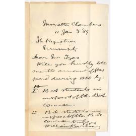 Dr William Barlow  - Victoria Square Adelaide - Fees Received in Arts and Science Courses During 1888