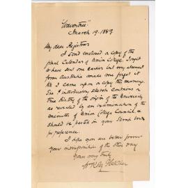 Reverend William Roby  Fletcher - Kent Town - Forwarding Copy of Union College Calendar Containing Introductory Sketch of the Origin of the University