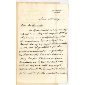 John Walter Tyas - Registrar - The University - Thanking Council for Leave of Absence