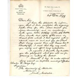 Allan Wyon - London - Advice of having drawn on University for £63-16-0 Account Stow Medals
