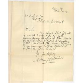 Professor Arthur J Perkins - Roseworthy - Unable to continue lessons at the Conservatorium during first term