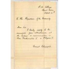 Ernest Chapple - Prince Alfred College - Exemption from attendance at the lectures and examinations in Pure Mathematics I and Physics I