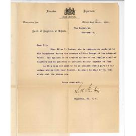 L W Stanton - Education Department - Permission for Miss Ellen I Benham to attend lectures
