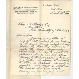 Lawrence Birks - Erith Kent - Concerning allowance for traveling expenses in connection with Angus Engineering Scholarship