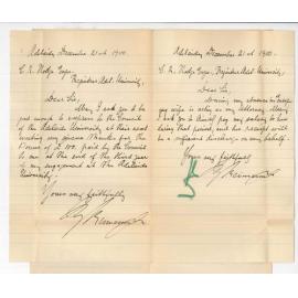 Herr Reimann - Adelaide - Thanking Council for honorarium and asking that salary be sent to Mrs Reimann during absence in Europe