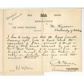 C R Todd - The Treasury - Adelaide - Concerning draft for £300 in favour of Professor Lamb