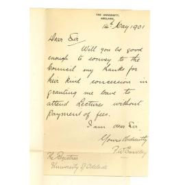 F W Eardley - University - Thanking Council for remission of fees