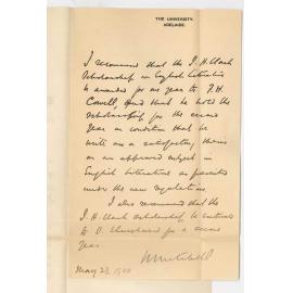 Professor William Mitchell - The University - Recommending award of John Howard Clark scholarship to Messrs F H Cowell and S Churchward