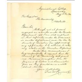 Fred W Russack - Roseworthy Agricultural College - Concerning exemption from lectures and examination fees