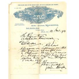 James Hill and Sons - Crossley's Gas and Oil Engines - Adelaide - Concerning order for engine by Professor Bragg