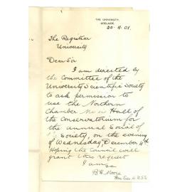 B H Moore - Adelaide University Scientific Society - Asking for use of a Hall in basement of Conservatorium for Annual Social of University Scientific Society