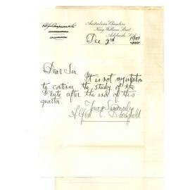 Alfred C Barnfield - Adelaide - Discontinuing lessons at the Conservatorium