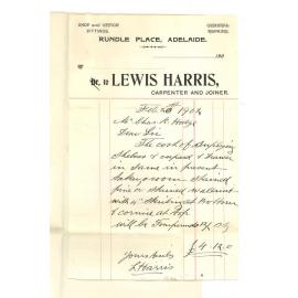 Lewis Harris - Adelaide - Cost of Kalsomine in Professor Braggs room and painting Border in Registrars room