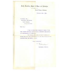 J A Haslam - Registrar - South Australian School of Mines and Industries - Adelaide - Acknowledging receipt of letter of 15 Instant regarding Electrical Engineering