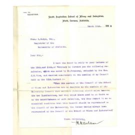J A Haslam - Registrar - South Australian School of Mines and Industries - Adelaide - Forwarding copy of Resolution passed at Council Meeting of 10 instant