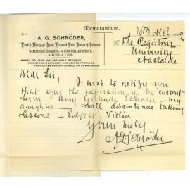 A G Schroder - Adelaide - Daughter Amy Gertrude Schroder discontinuing lessons at Conservatorium