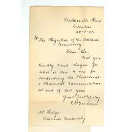 Miss Ellen I Benham - Gilberton - Requesting cheque for Examining in Botany