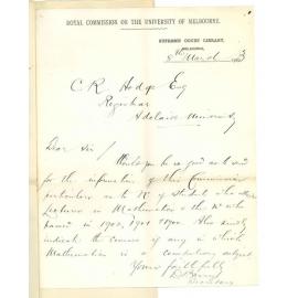 D Barry - Secretary - Royal Commission on the University of Melbourne -  Requesting number of students who attended Mathematics and passed exams in 1902 1901 and 1900