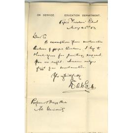 William A West - Adelaide - Pupil Teachers requesting Exemption from lectures in Mathematics Part 1 BA