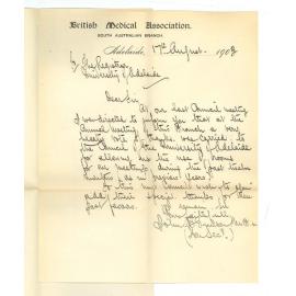 John B Gunson M B etc - Hon Secretary British Medical Association - Thanks for use of rooms