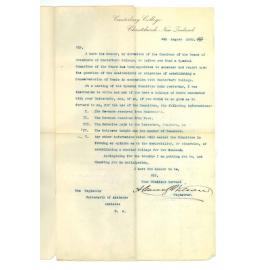 A C Wilson - Registrar Canterbury College - Asking for Information re Conservatorium of Music