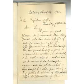 Immanuel Gotthold Reimann - Adelaide - Recommending Miss Mary Jacob to the Conservatorium Free Scholarship