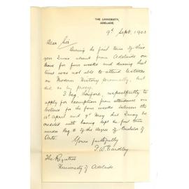 F W Eardley - Adelaide - Exemption from Lectures 13th April to 9th May