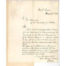 Dr Samuel James Way - North Terrace Adelaide - Resigning membership of Hospital Board as representative of University