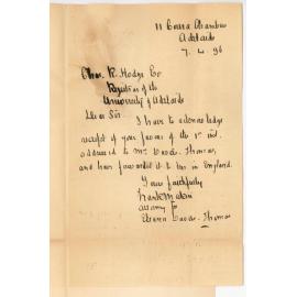 Colonel Frank Makin - Cowra Chambers - Grenfell Street Adelaide - Attorney for Mrs Davies Thomas - Received letter of 1st instant to Mrs Davies Thomas