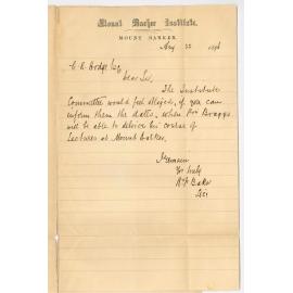 H F Baker - Secretary - Mount Barker Institute - Regarding Date of Professor Bragg's Lecture