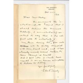 Professor Edward Bensley - The University - Cannot deliver address at Commemoration