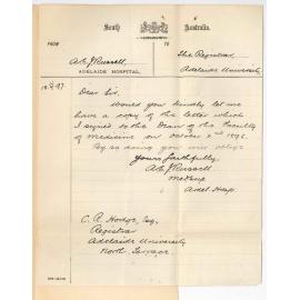 Dr Alfred Edward James Russell - Adelaide Hospital - Asking for copy of letter