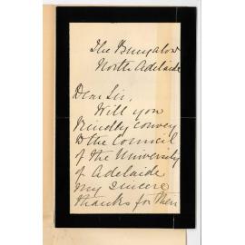 Evelyn Cameron Ayers - Mrs Frederick Ayers - The Bungalow North Adelaide - Thanking Council for letter of Condolence