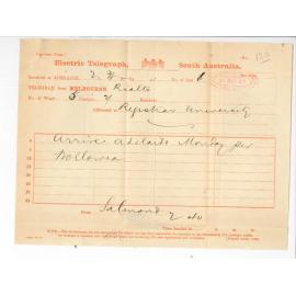 John William Salmond - Temuka - Announcing probable time of arrival in Adelaide