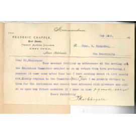 Frederic Chapple - Prince Alfred College - Kent Town - Thanking Registrar for invitation to Education Committee and explaining cause of absence