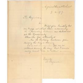 Andrew Ferguson - Agricultural College - Information re Chemistry and Botany Lectures