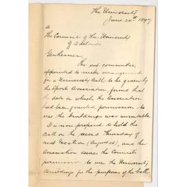 James Watson Brown - University Secretary - Adelaide University Sports Association - Permission to use the University Buildings for Ball