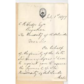 Frederick Ayers - Adelaide - Thanking Council for placing on record their grateful appreciation of Services rendered to the University by the late Sir Henry Ayers Glenelg