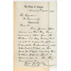 John Shiels - Manager Bank of Adelaide - Stating that Professor Lamb had been authorised by Samuel James Way to draw under Letter of Credit for £1500